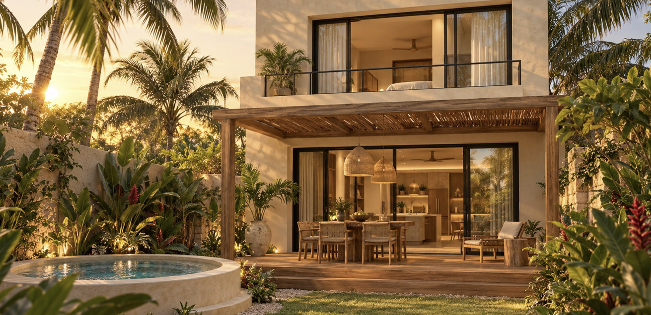 Patio privado de una villa con picuzzi y terraza bajo pérgola
